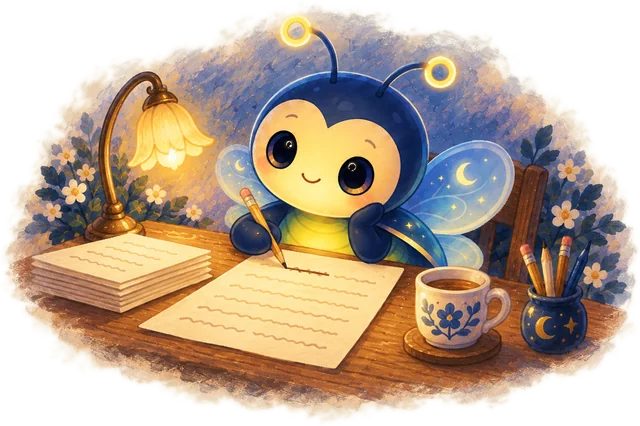 The DreamBug at a little desk, reading a story and crossing out a word with a pencil