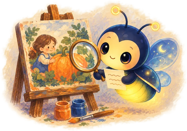 The DreamBug holding a magnifying glass up to a painted page, comparing it with its words
