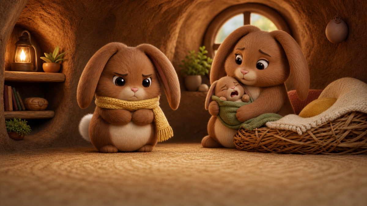 A young rabbit having big feelings about the new baby