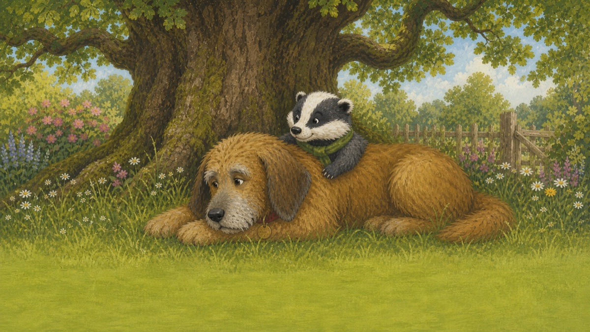 A badger remembering a beloved dog beneath their tree