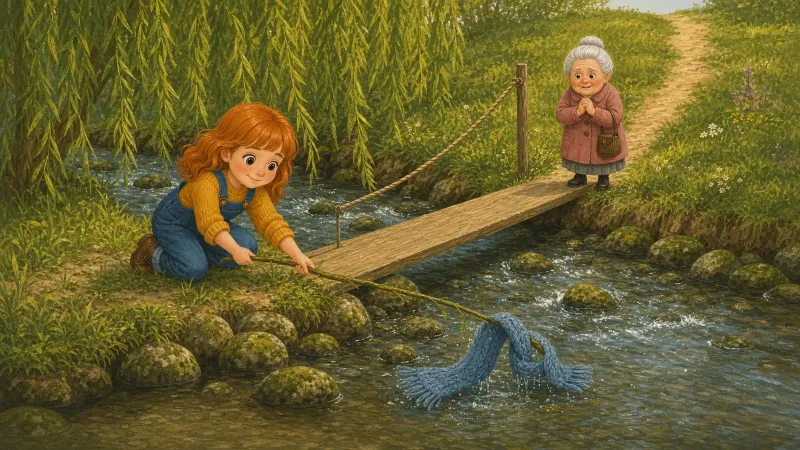 Page 11 of The Big Pumpkin: Nell kneels by a stream to help