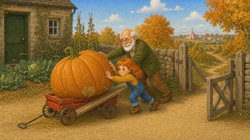 Page 4 of The Big Pumpkin: Nell and Grandpa roll the pumpkin onto a little red wagon