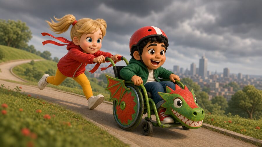 Two friends racing downhill with a dragon cart