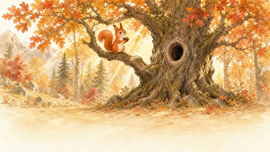 An autumn woodland glowing around an old oak