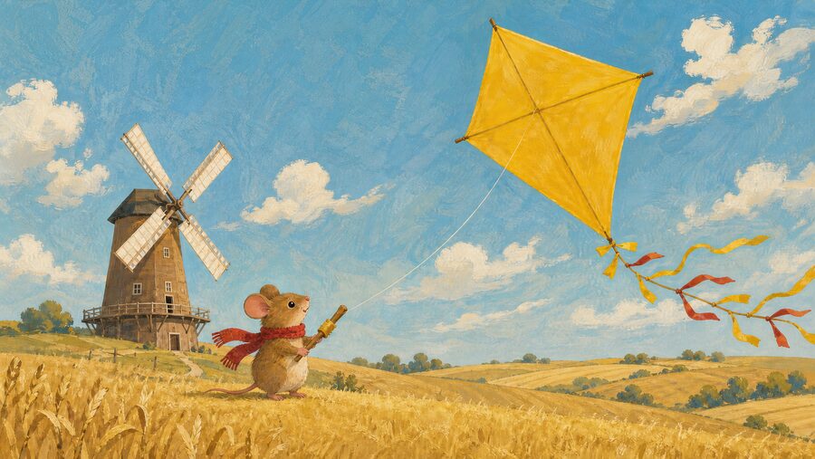 A mouse flying an enormous yellow kite