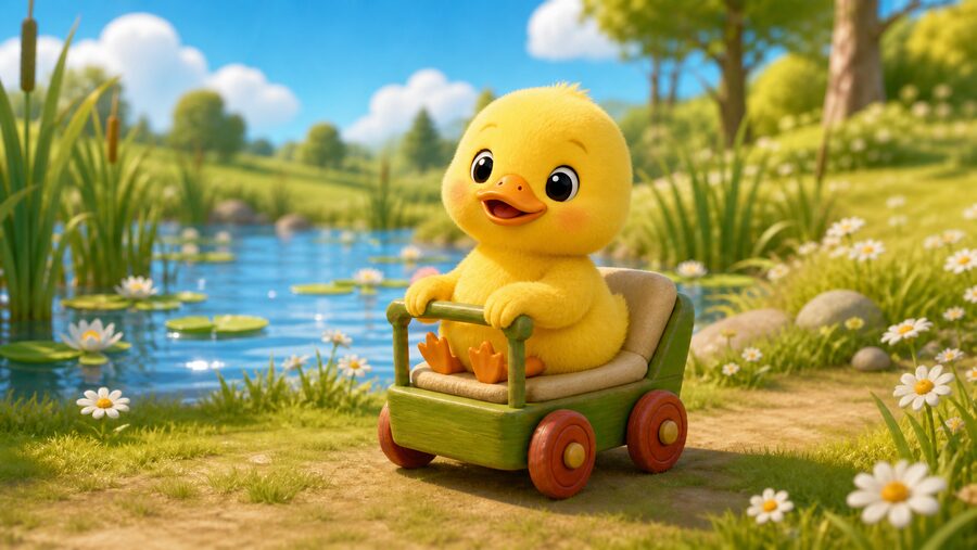 A cheerful duckling riding beside a bright pond